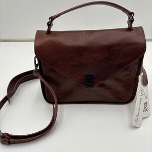 HESHE Unisex Brown Leather Satchel Briefcase Envelope Flap Crossbody Bag NWT